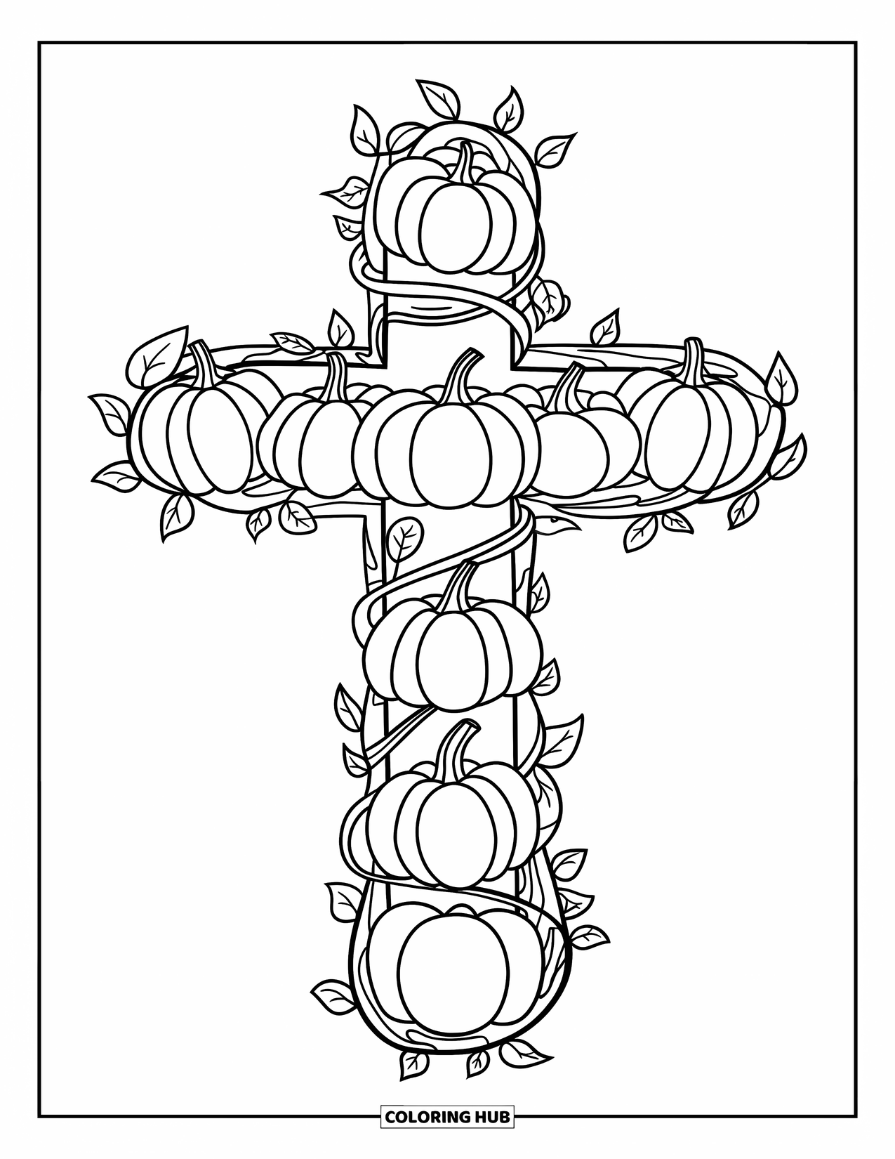 Christian Thanksgiving Coloring Page for Kids: Rustic cross wrapped in vines, leaves, and different pumpkins