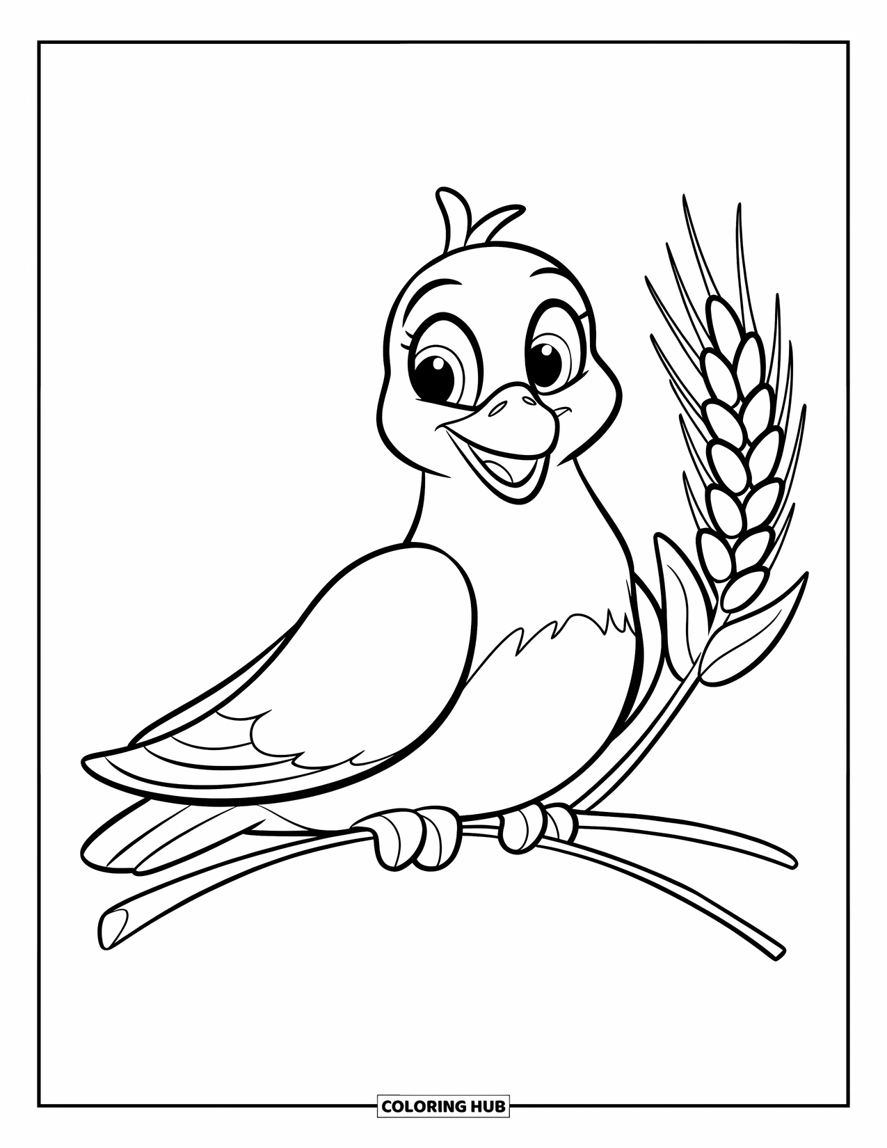 Christian Thanksgiving Coloring Page for Kids: Smiling dove and wheat stalk with tiny flowers