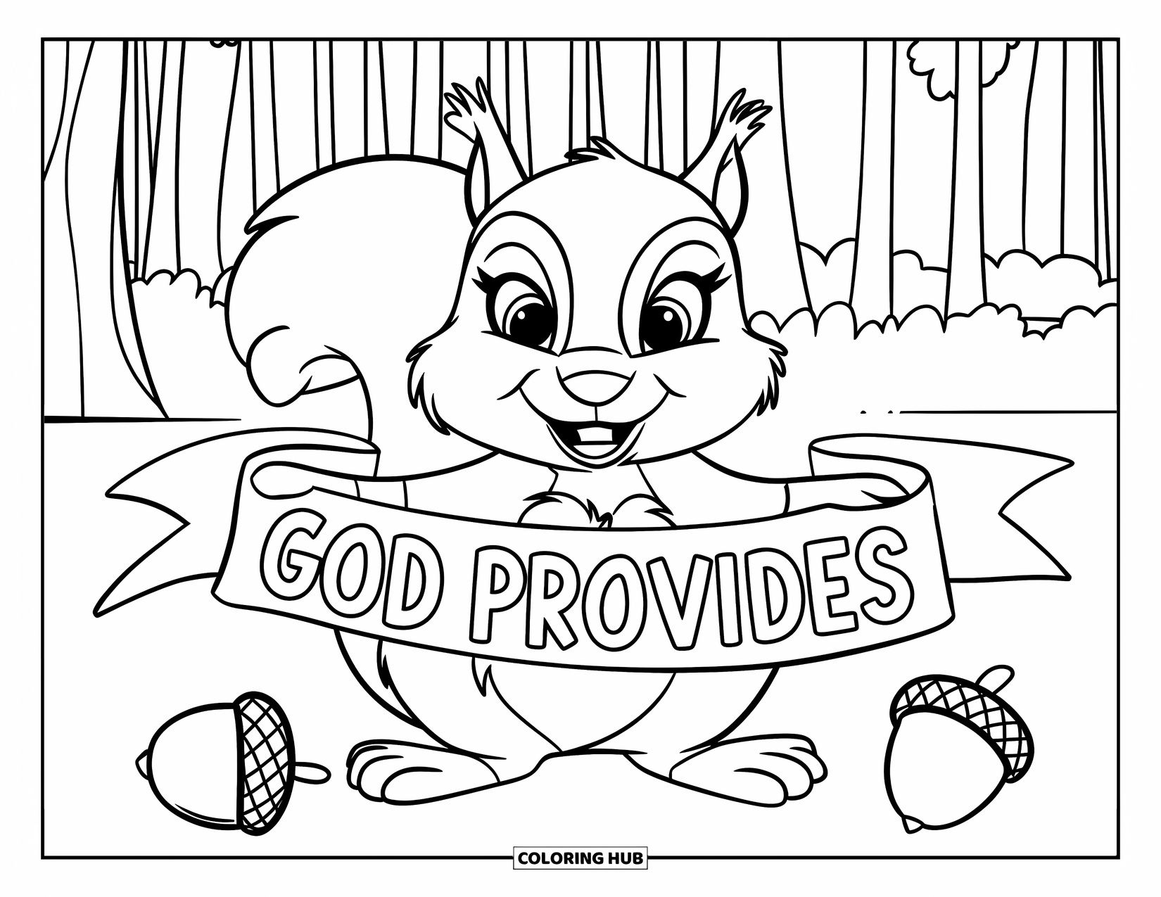 Christian Thanksgiving Coloring Page for Kids: Squirrel holds a God Provides ribbon beside three acorns