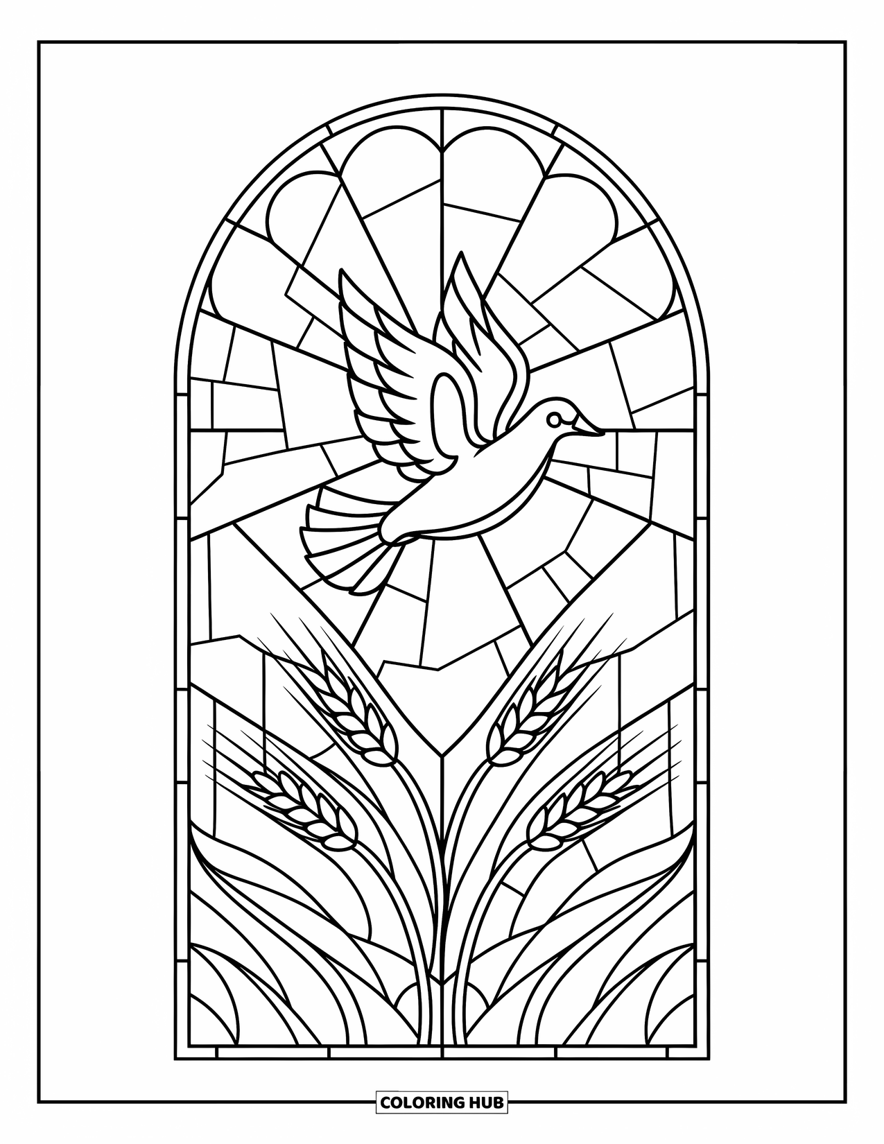 Christian Thanksgiving Coloring Page for Kids: Stained-glass window with wheat and a shining dove
