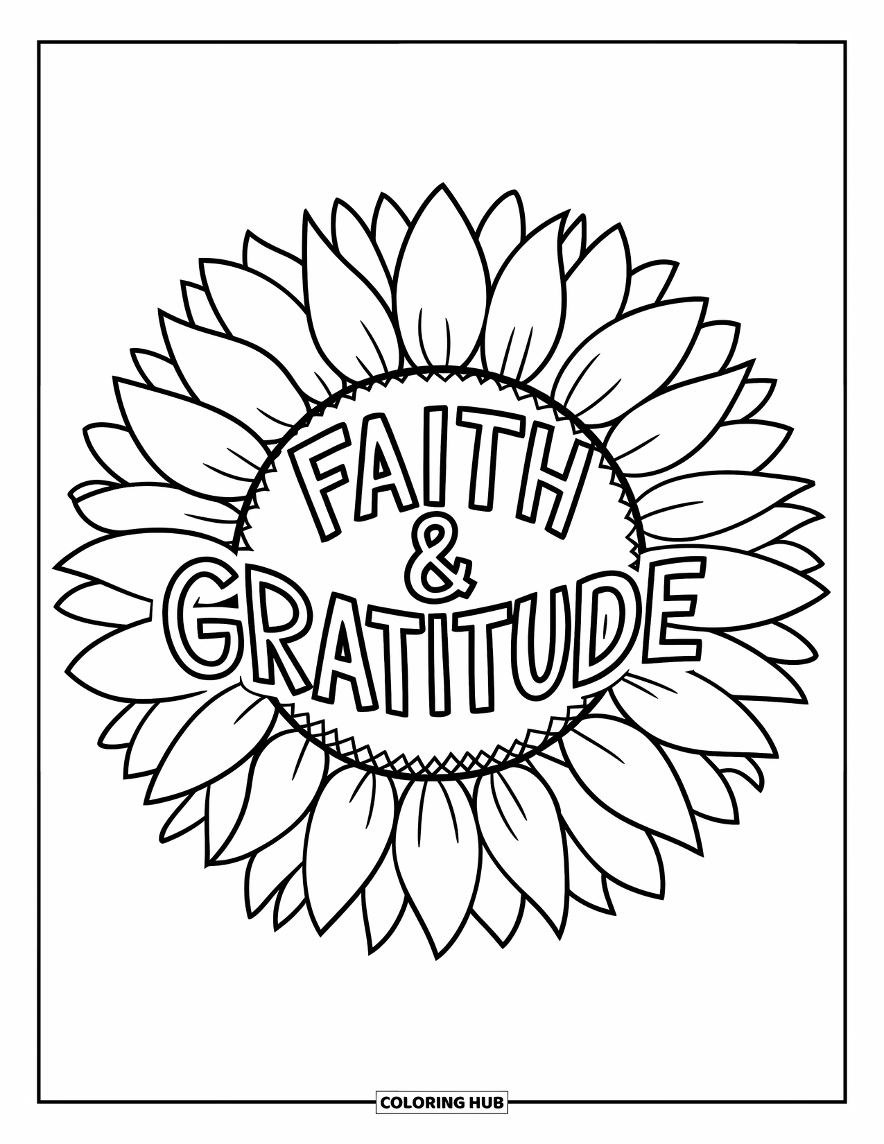 Christian Thanksgiving Coloring Page for Kids: Sunflower with Faith & Gratitude text inside the petals