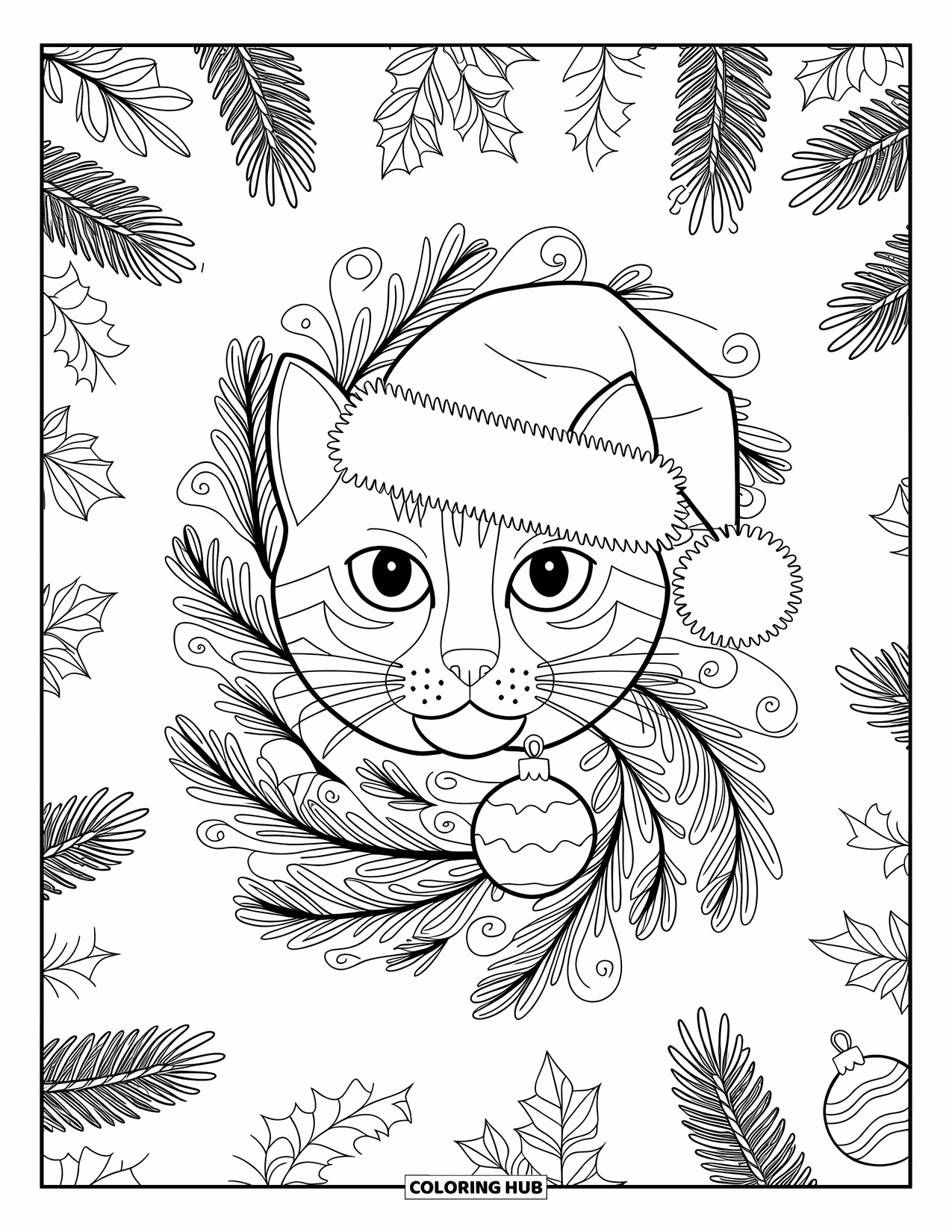 Christmas Animal Coloring Page for Adults: A cat in a Santa hat framed by swirling pine, holly, and ornaments