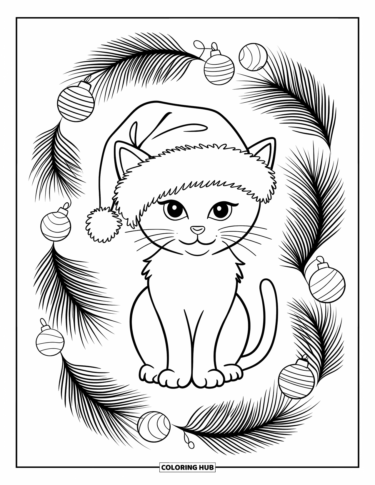 Christmas Animal Coloring Page for Adults: A cat in a small Santa hat surrounded by pine needles and ornaments