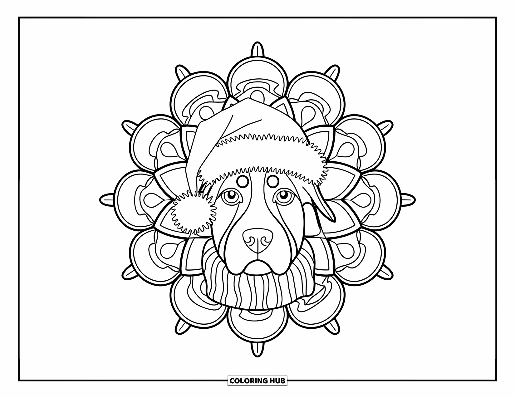 Christmas Animal Coloring Page for Adults: A dog in a Santa hat and scarf framed by a Christmas bell mandala