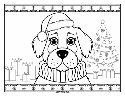 Desen de colorat cu animale de Crăciun pentru adulți: Un câine în căciulă de Moș Crăciun și fular înconjurat de o bordură festivă de sărbători