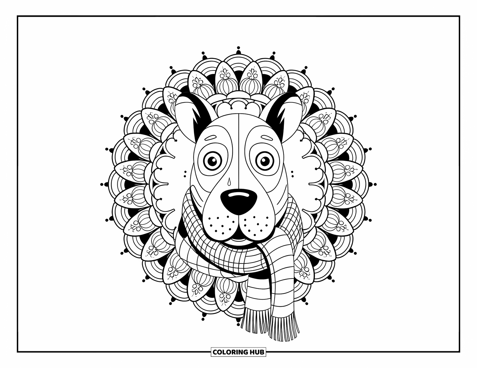 Christmas Animal Coloring Page for Adults: A dog in a scarf with wide eyes framed by layered Christmas bell mandalas