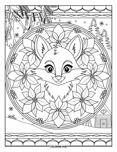 Desen de colorat cu animale de Crăciun pentru adulți: O vulpe cuprinsă într-o mandală de poinsettia cu copaci, o cabană și zăpadă