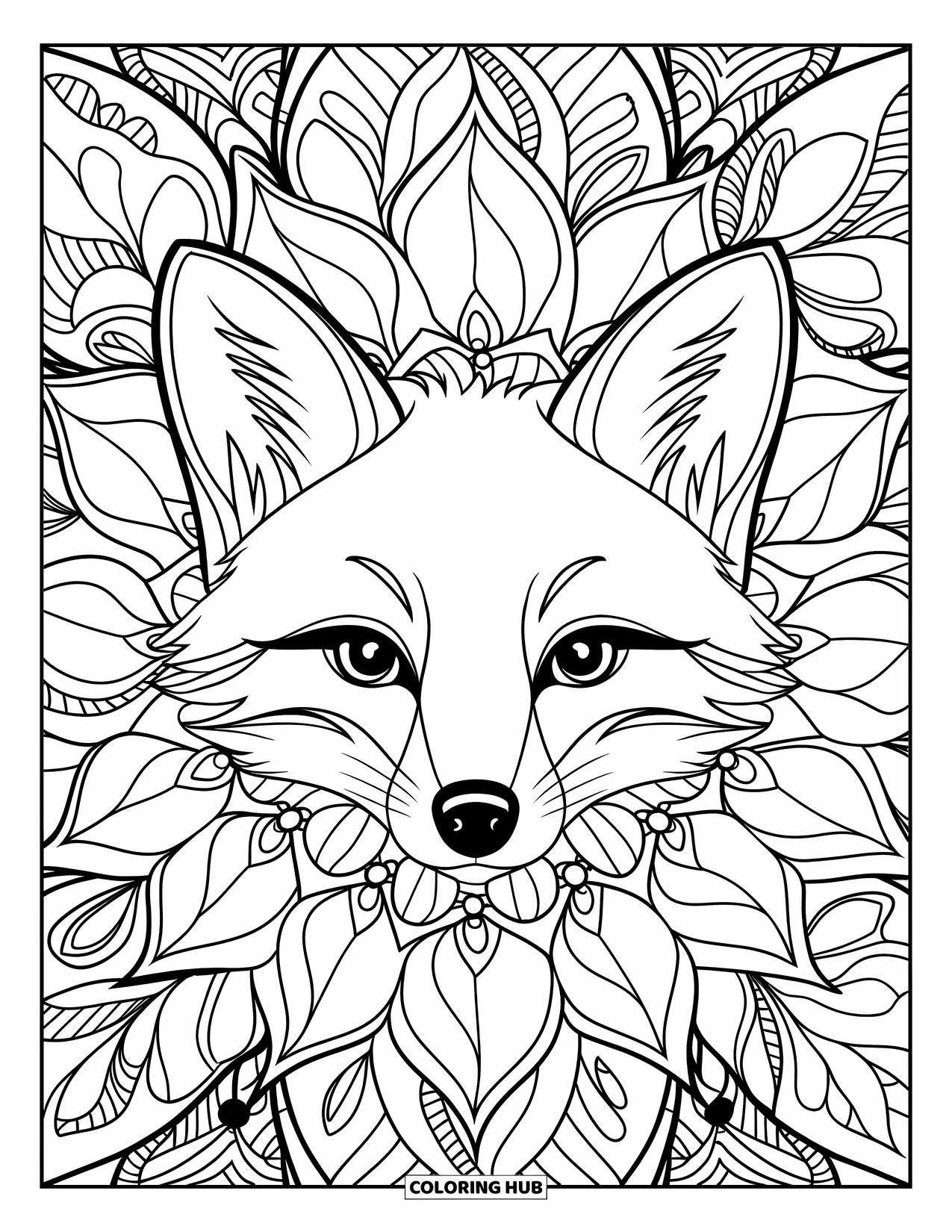 Christmas Animal Coloring Page for Adults: A fox face enclosed in a poinsettia mandala with festive patterns around it