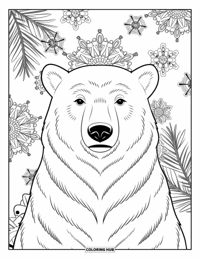Desen de colorat cu animale de Crăciun pentru adulți: Un urs polar blând înconjurat de mandale cu fulgi de nea și ramuri de brad
