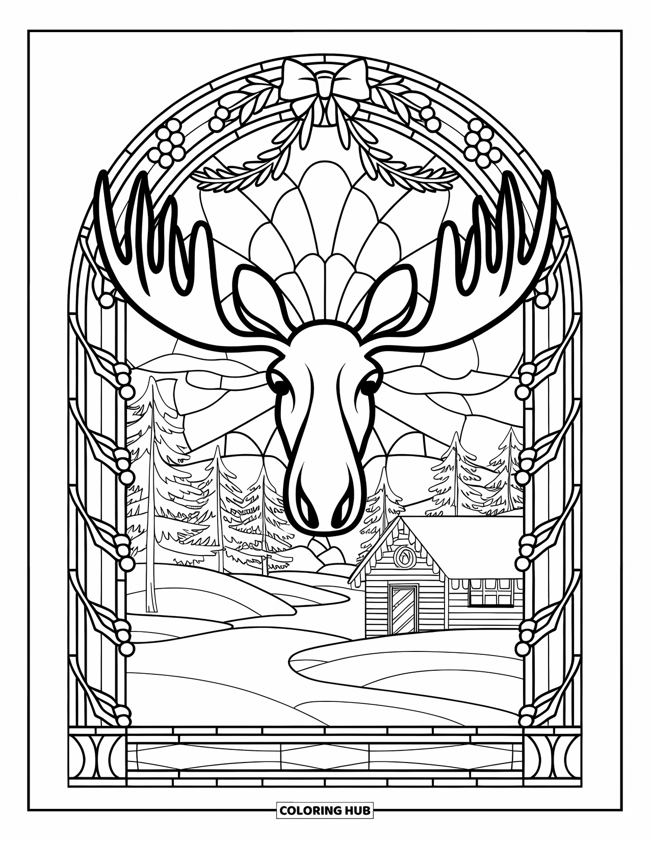 Christmas Animal Coloring Page for Adults: A moose face framed by a stained-glass arch above a snowy cabin scene