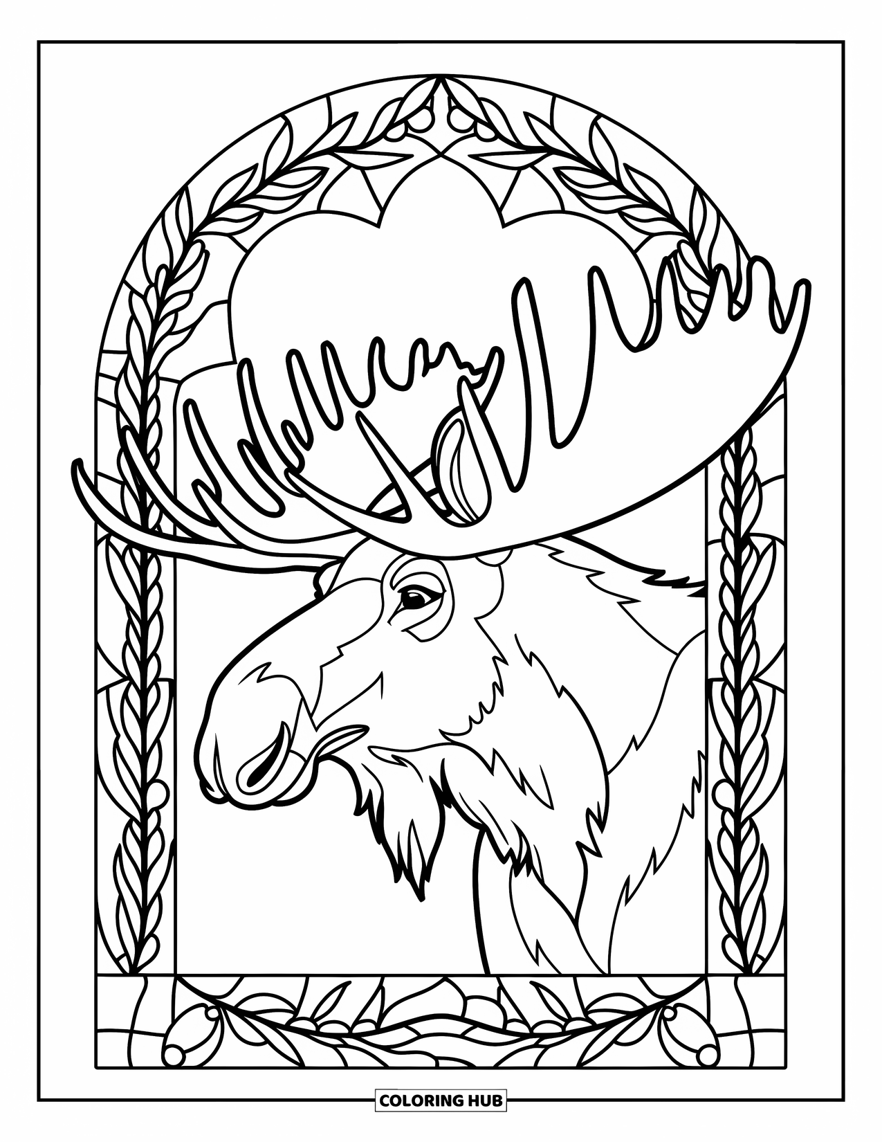 Christmas Animal Coloring Page for Adults: A moose with big antlers centered in a stained-glass arch of berries