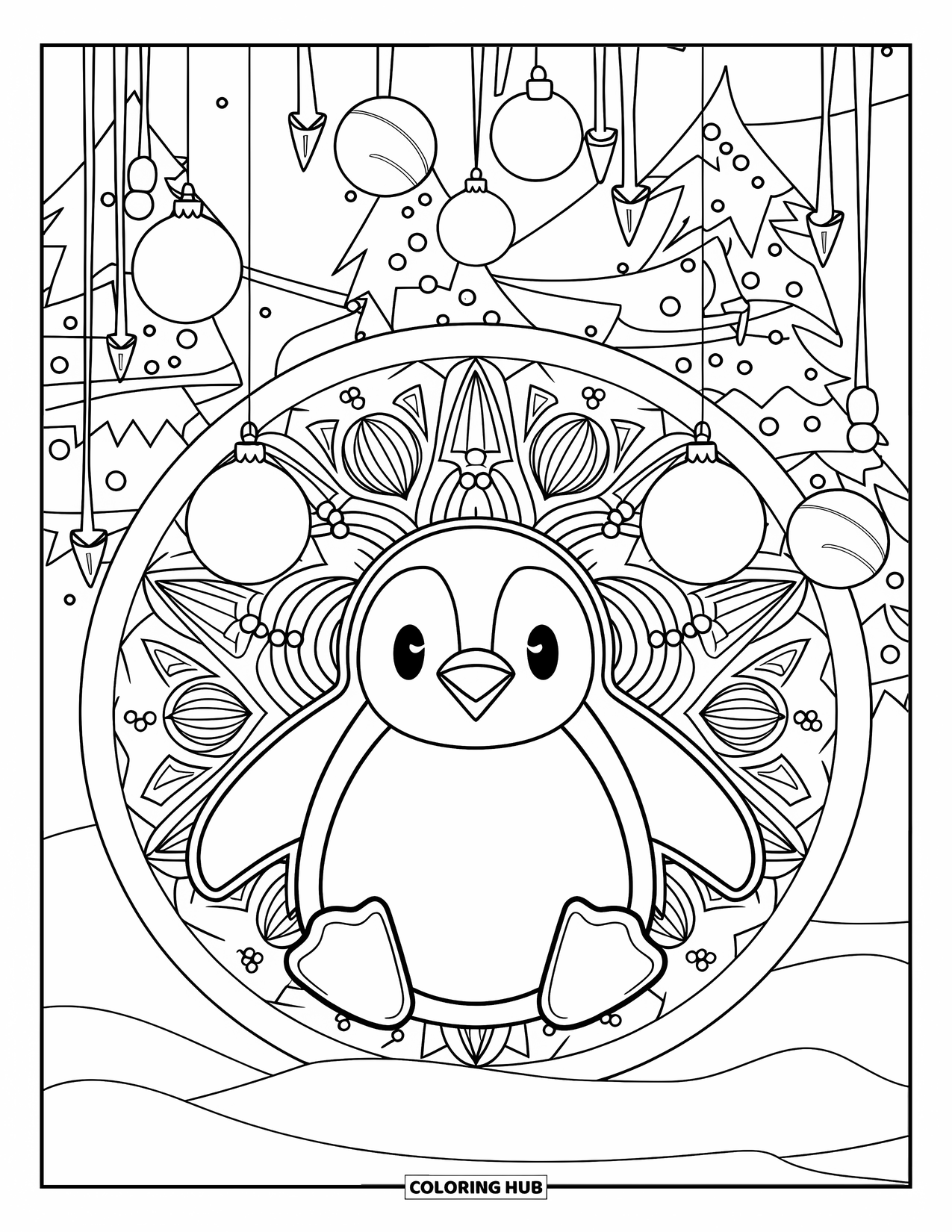 Christmas Animal Coloring Page for Adults: A penguin in a Santa hat framed by mandalas with ornaments above its head