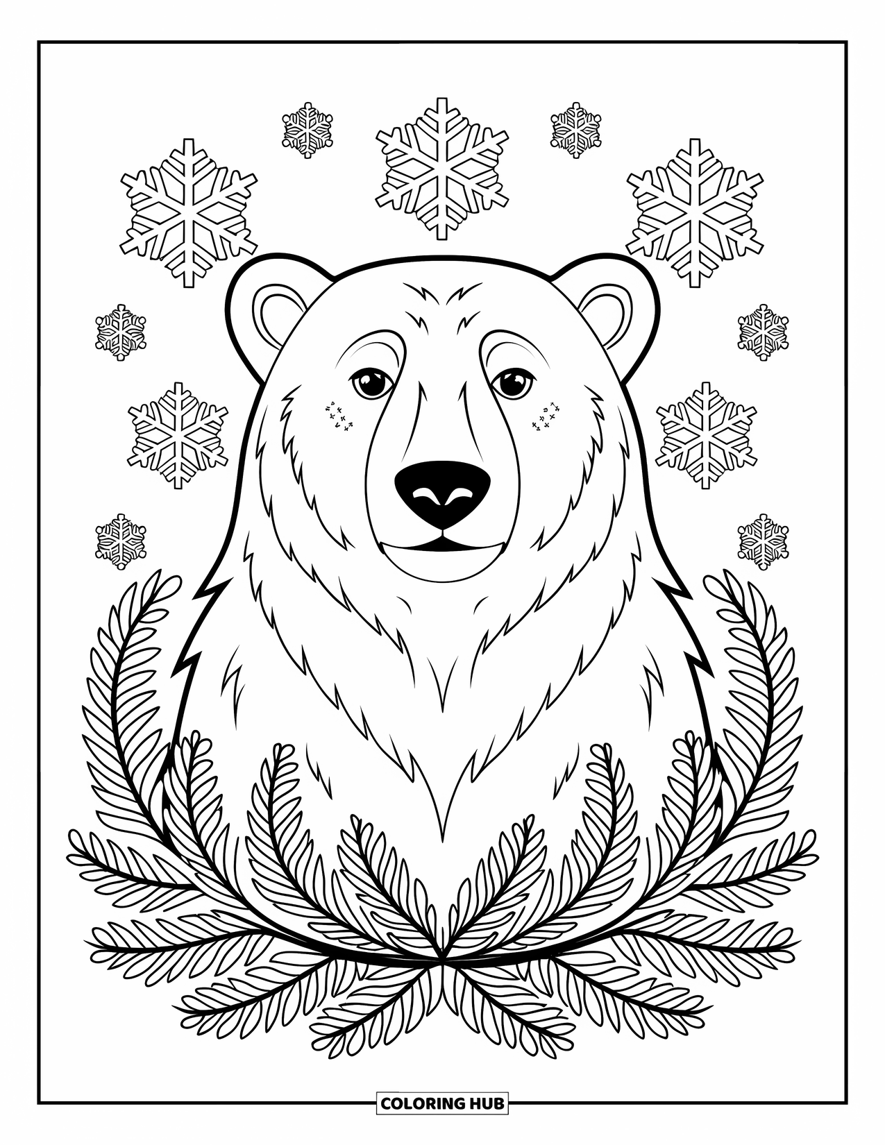 Christmas Animal Coloring Page for Adults: A polar bear facing forward framed by snowflakes and fir branches
