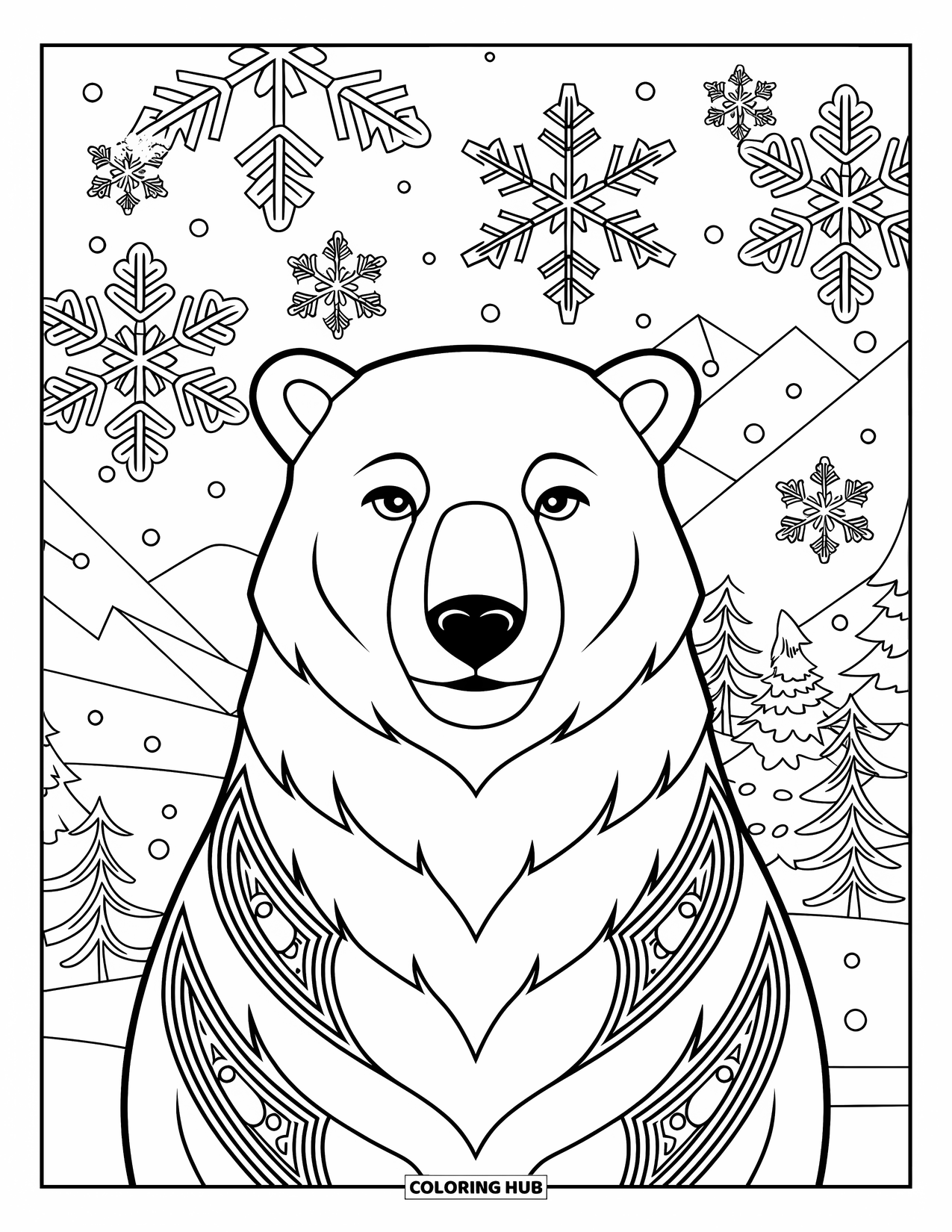 Christmas Animal Coloring Page for Adults: A polar bear framed by snowflakes and fir branches with snowy mountains behind