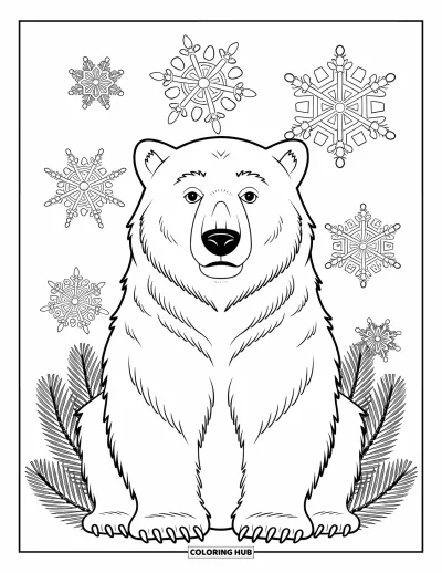 Desen de colorat cu animale de Crăciun pentru adulți: Un urs polar cu expresie blândă înconjurat de mandale cu fulgi de nea și ramuri de brad