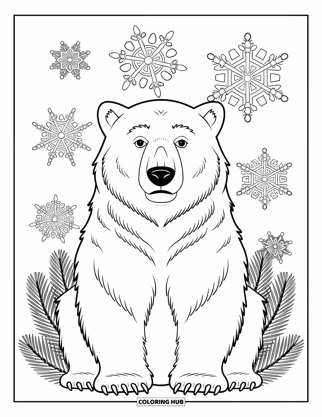 Christmas Animal Coloring Page for Adults: A polar bear with a gentle expression surrounded by snowflake mandalas and fir