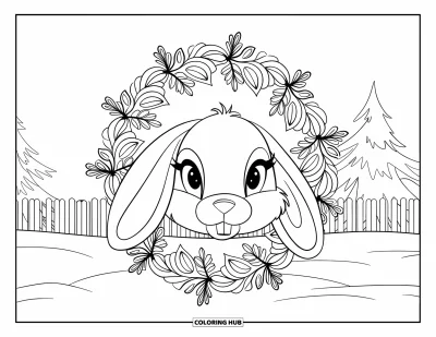 Desen de colorat cu animale de Crăciun pentru adulți: Un iepure cu urechi lăsate înconjurat de o mandală florală într-o scenă înzăpezită