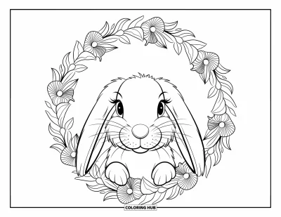 Desen de colorat cu animale de Crăciun pentru adulți: Un iepure cu urechi lăsate încadrat de o mandală florală asemănătoare unei coroane