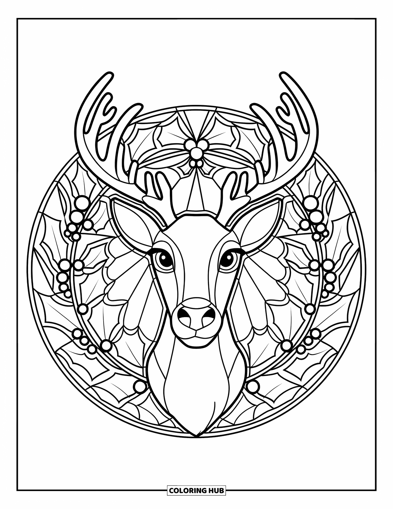 Christmas Animal Coloring Page for Adults: A reindeer face with antlers framed by holly and berry stained-glass details