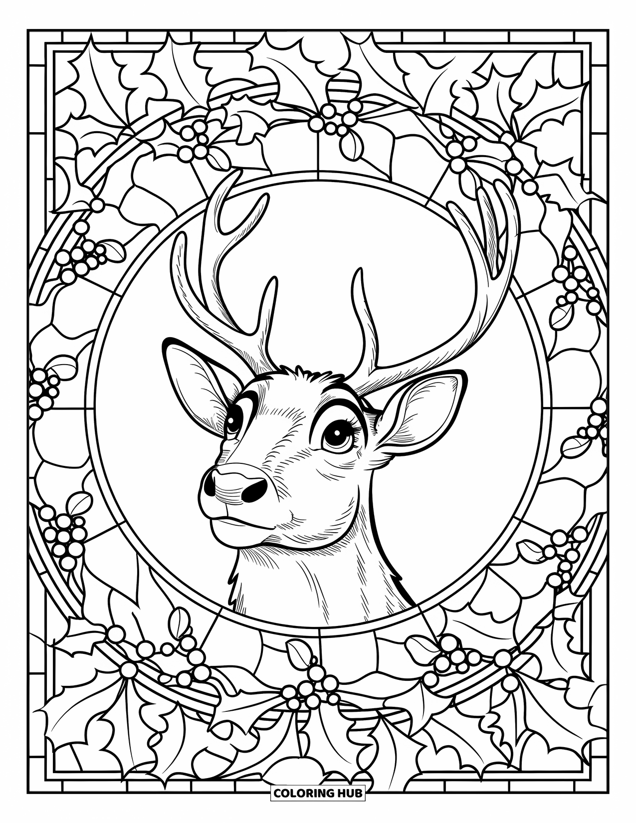 Christmas Animal Coloring Page for Adults: A reindeer with big eyes looking up framed by holly and berry stained-glass
