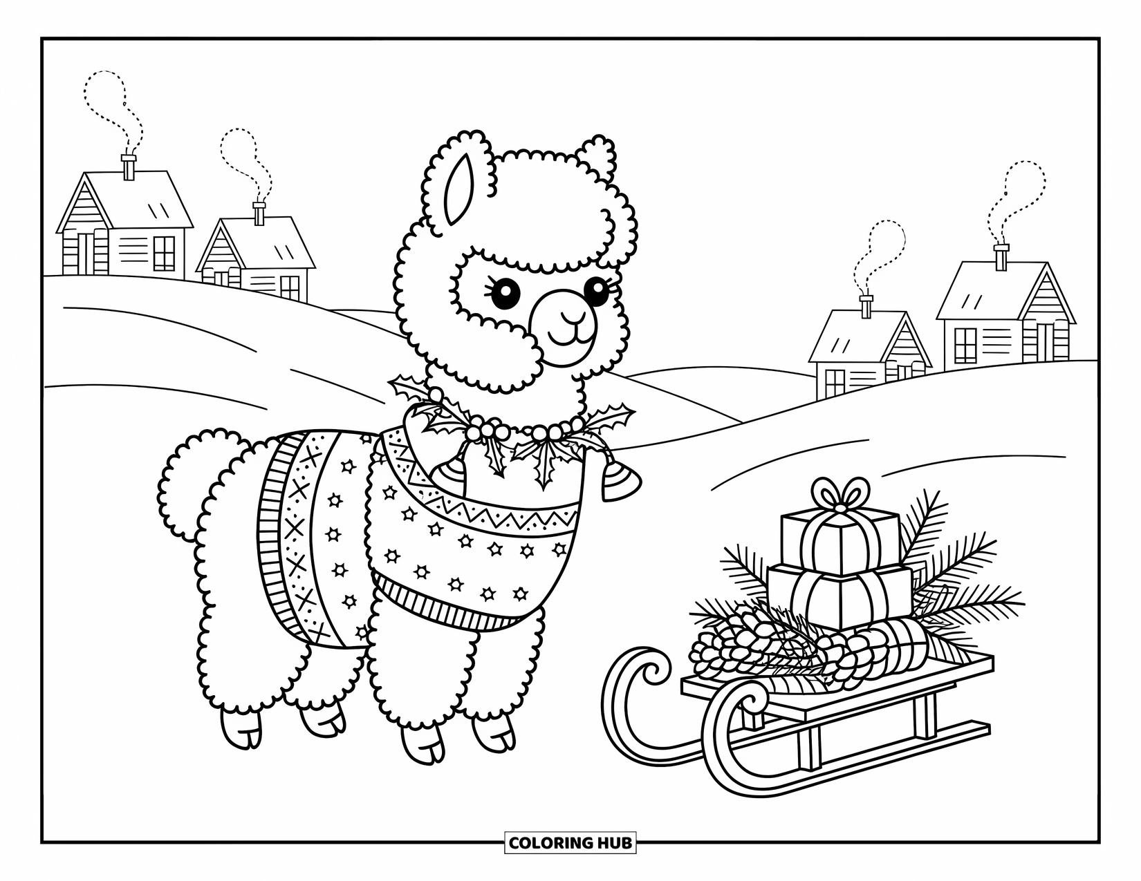 Christmas Animal Coloring Page for Adults: Baby alpaca in a holiday sweater stands by a sled with gifts in the snow