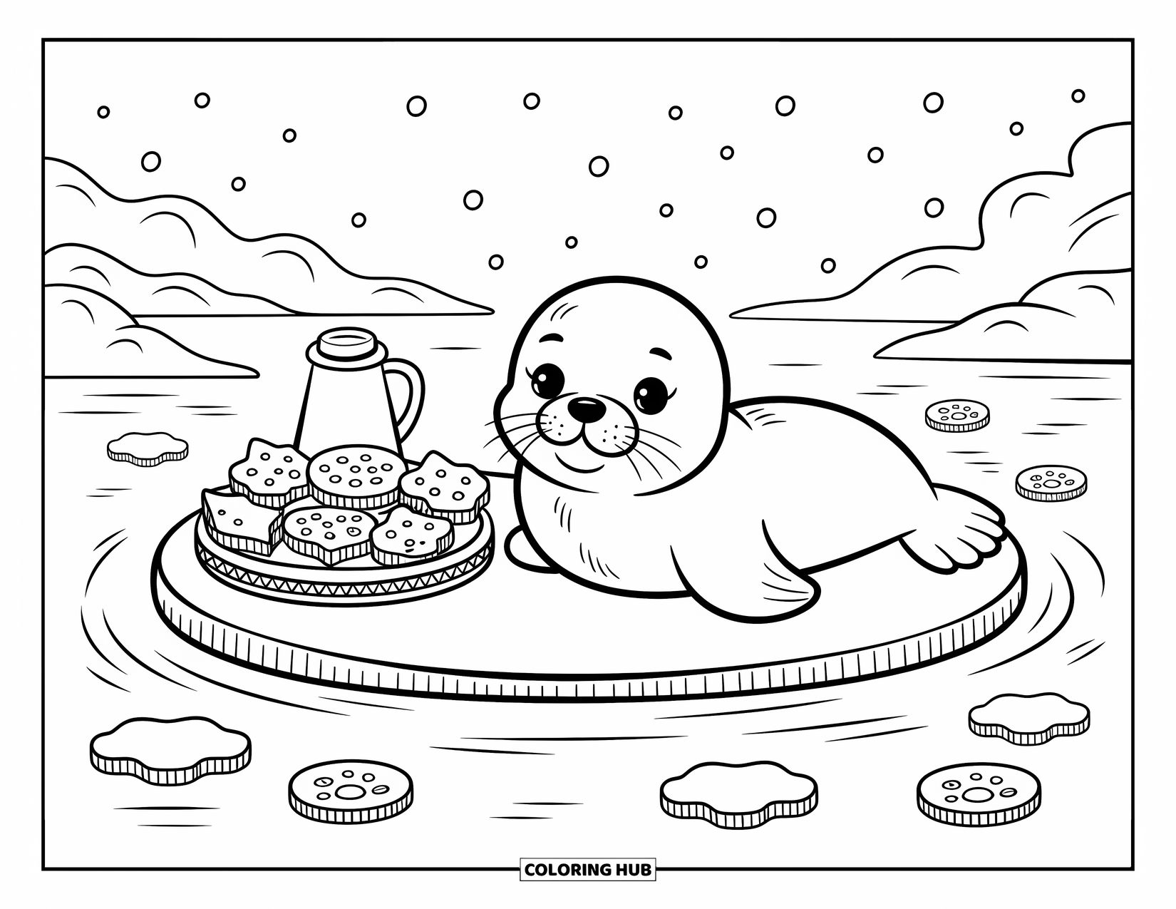 Christmas Animal Coloring Page for Adults: Baby seal rests on an ice floe with cookies, thermos, and falling snow