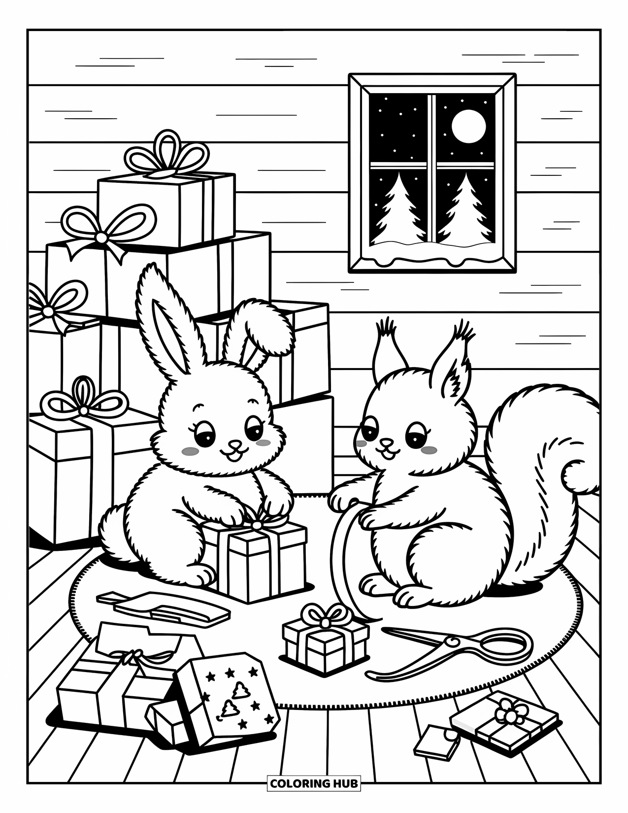 Christmas Animal Coloring Page for Adults: Bunny and squirrel wrap gifts near a glowing window on a snowy night