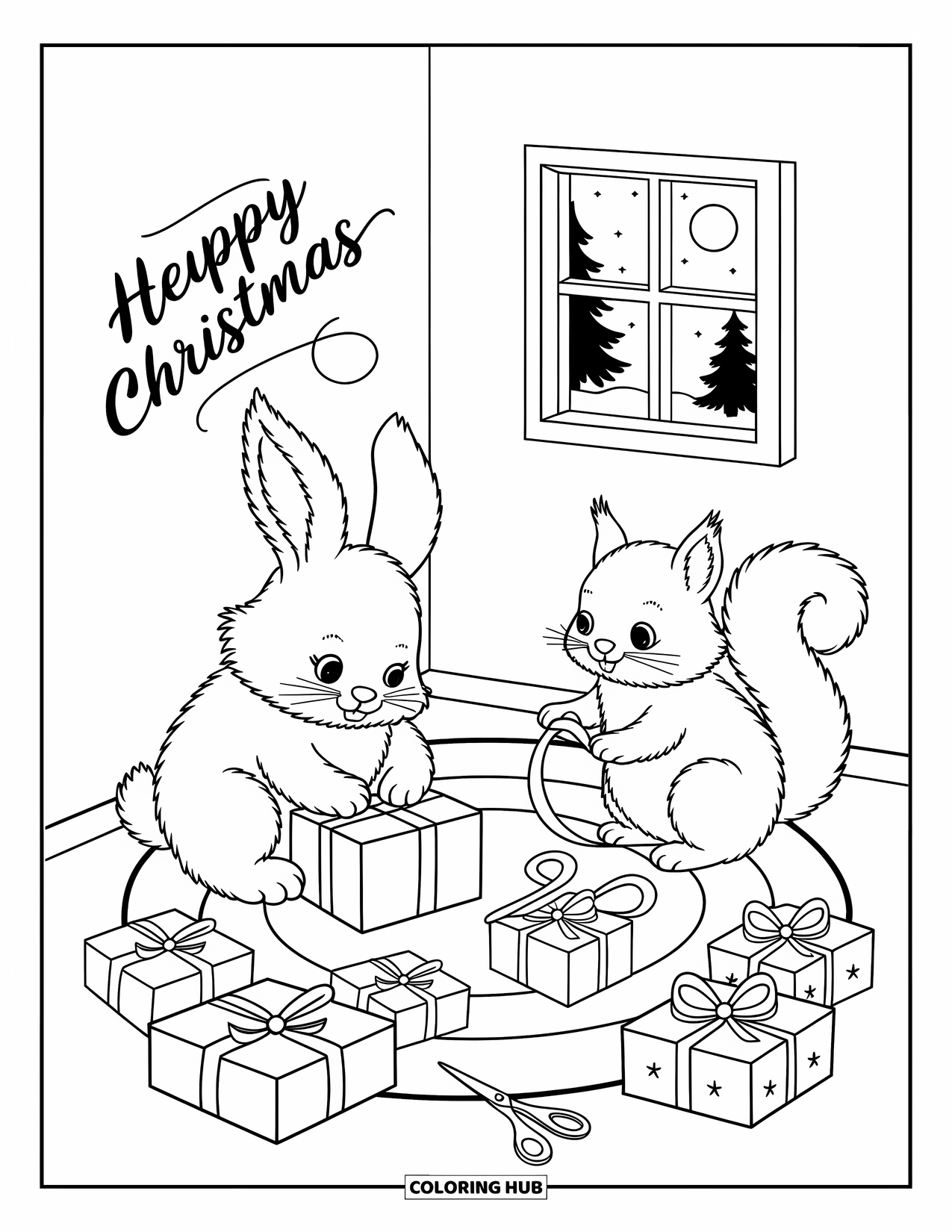 Christmas Animal Coloring Page for Adults: Bunny wraps a gift while a squirrel curls ribbon in a cozy cabin