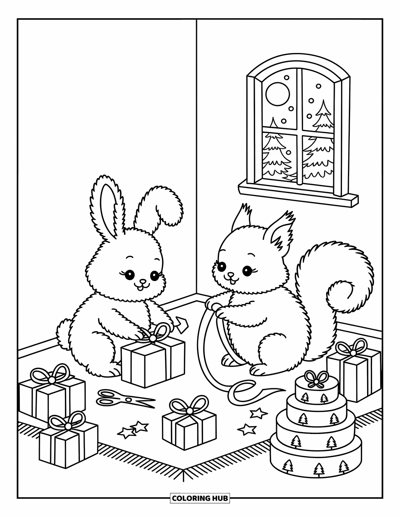 Christmas Animal Coloring Page for Adults: Deer and fox pull a wooden sleigh with gifts under snowy pines
