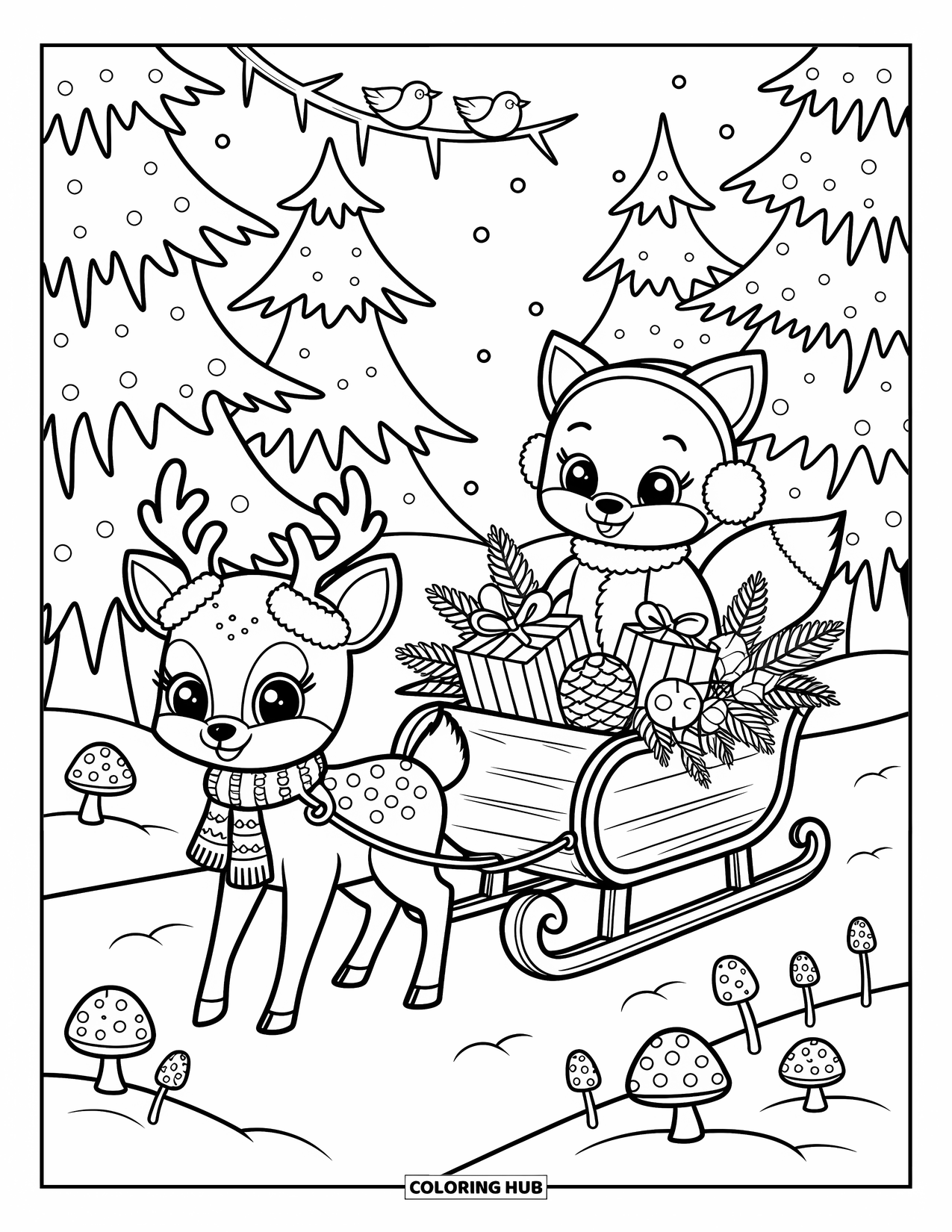 Christmas Animal Coloring Page for Adults: Deer and fox tug a sleigh of gifts past snowy trees and mushrooms