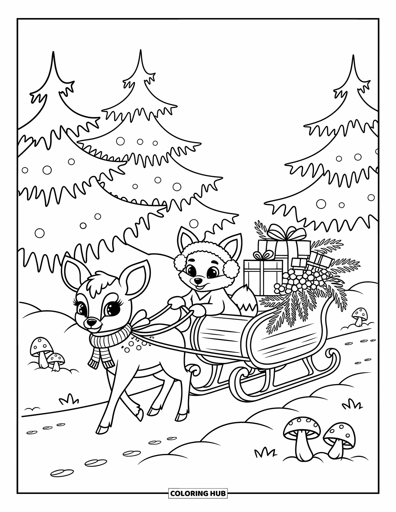 Christmas Animal Coloring Page for Adults: Hedgehog relaxes with cocoa beside a cozy fireplace and snowy window