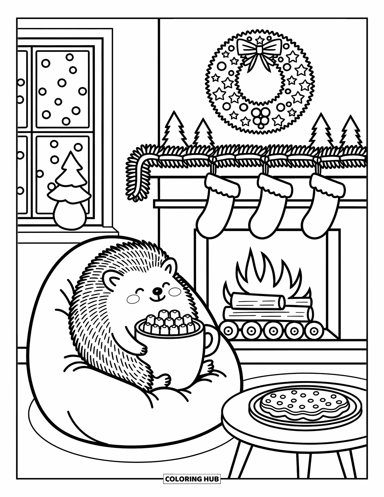 Christmas Animal Coloring Page for Adults: Hedgehog sips cocoa with marshmallows in a beanbag near a glowing fireplace