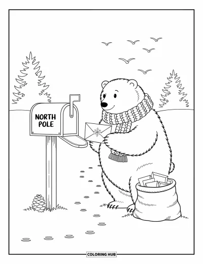 Desen de colorat cu animale de Crăciun pentru adulți: Un urs polar cu fular ținând o scrisoare sigilată cu un fulg la cutia poștală de la Polul Nord