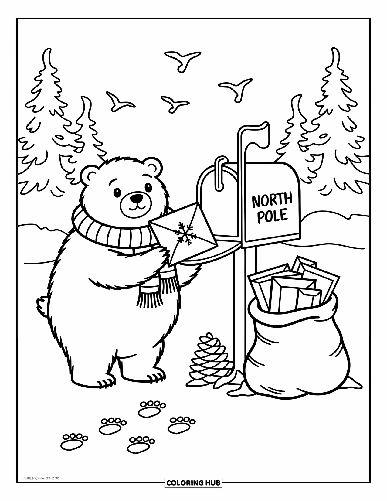 Christmas Animal Coloring Page for Adults: Polar bear with scarf stands by a mailbox and sack of letters