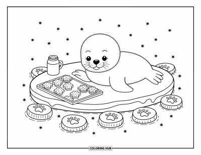 Desen de colorat cu animale de Crăciun pentru adulți: O focă ținând un biscuit pe gheață lângă o tavă de delicii și cacao