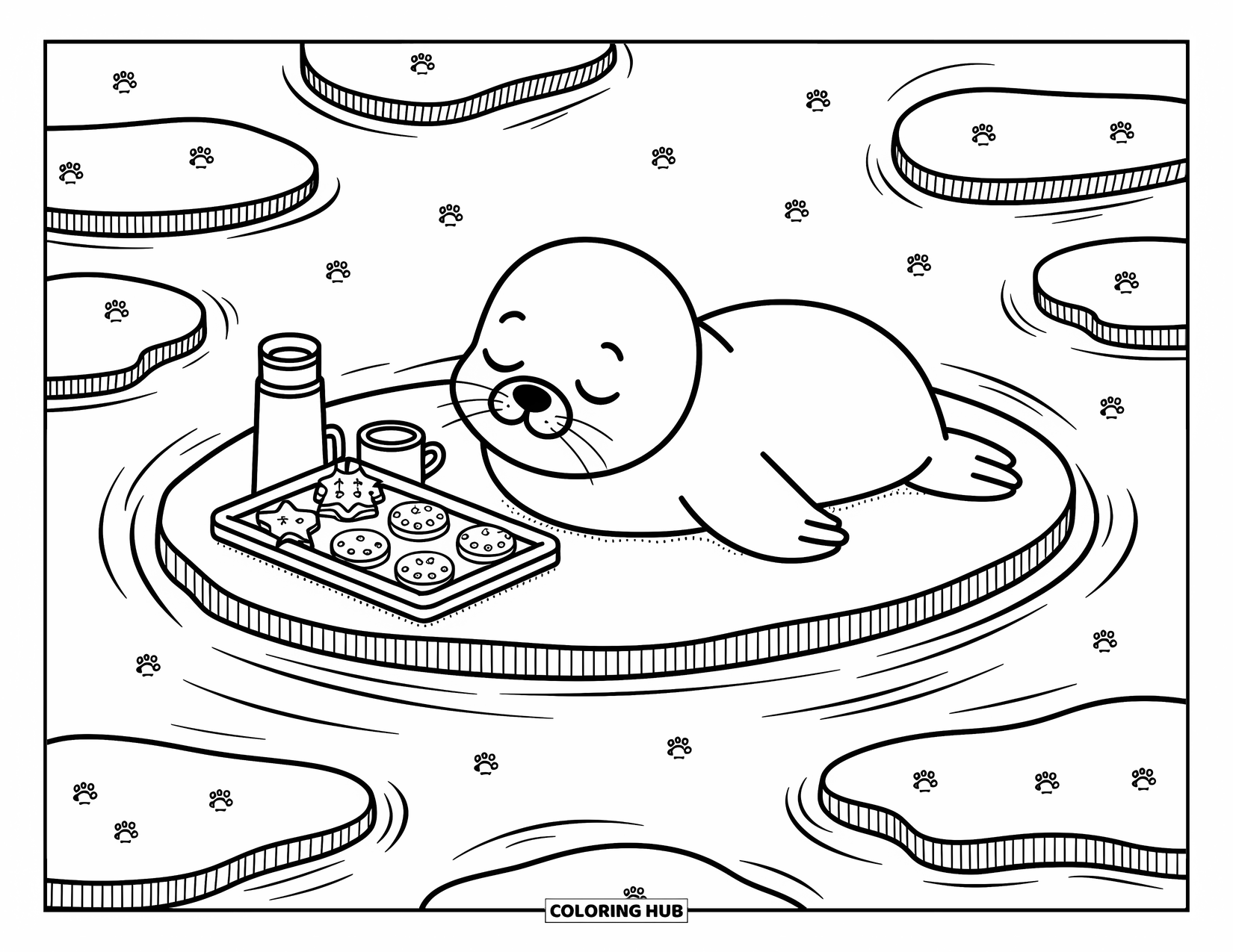 Christmas Animal Coloring Page for Adults: Seal on ice floe enjoys cookies with thermos and pawprints around
