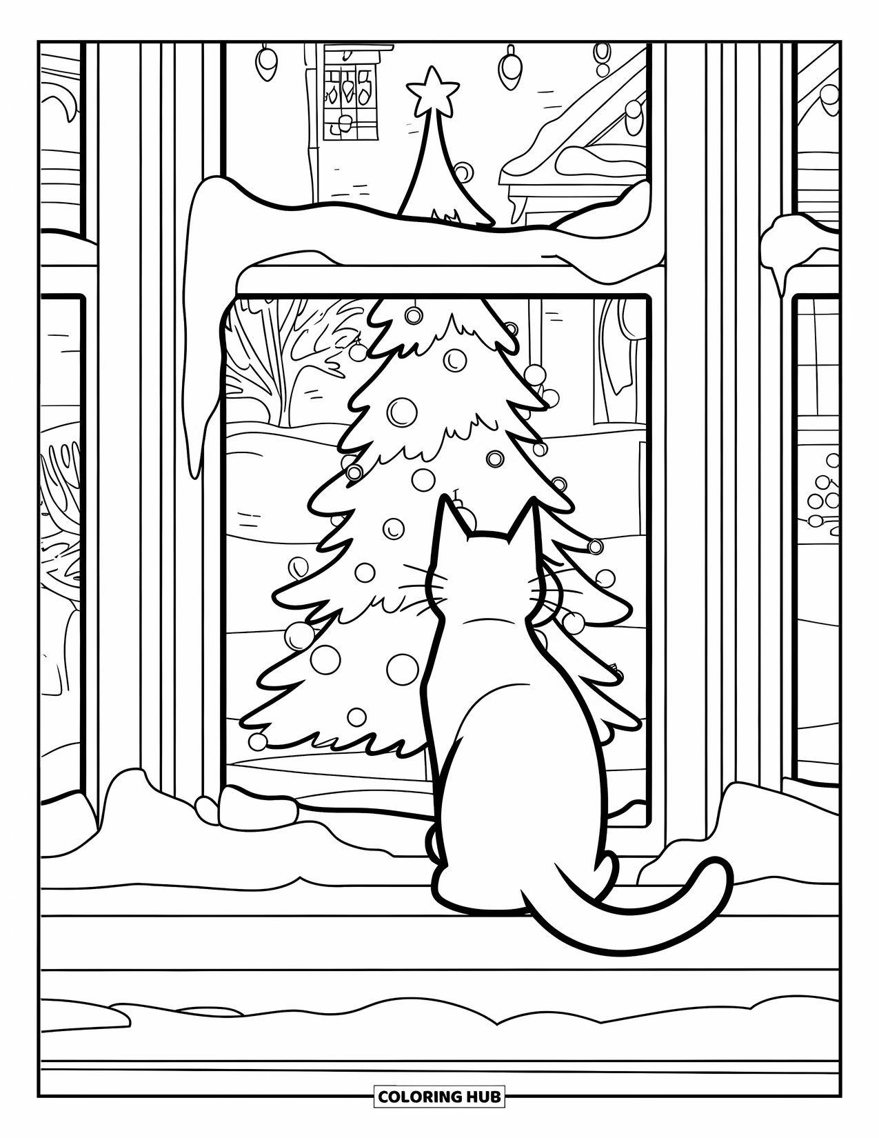 Christmas Animal Coloring Page for Kids: A cat gazing from a frosted window at a glowing Christmas tree