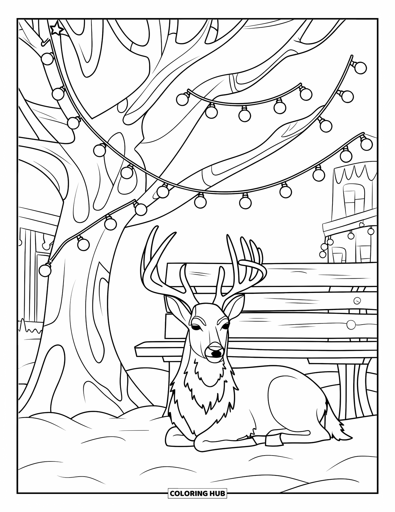 Christmas Animal Coloring Page for Kids: A deer resting under a tree wrapped with glowing string lights