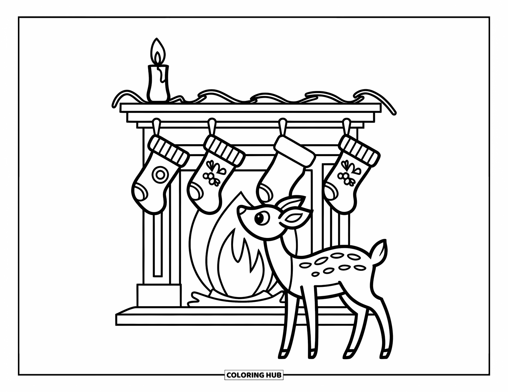 Christmas Animal Coloring Page for Kids: A deer staring at a fireplace decorated with stockings and candles