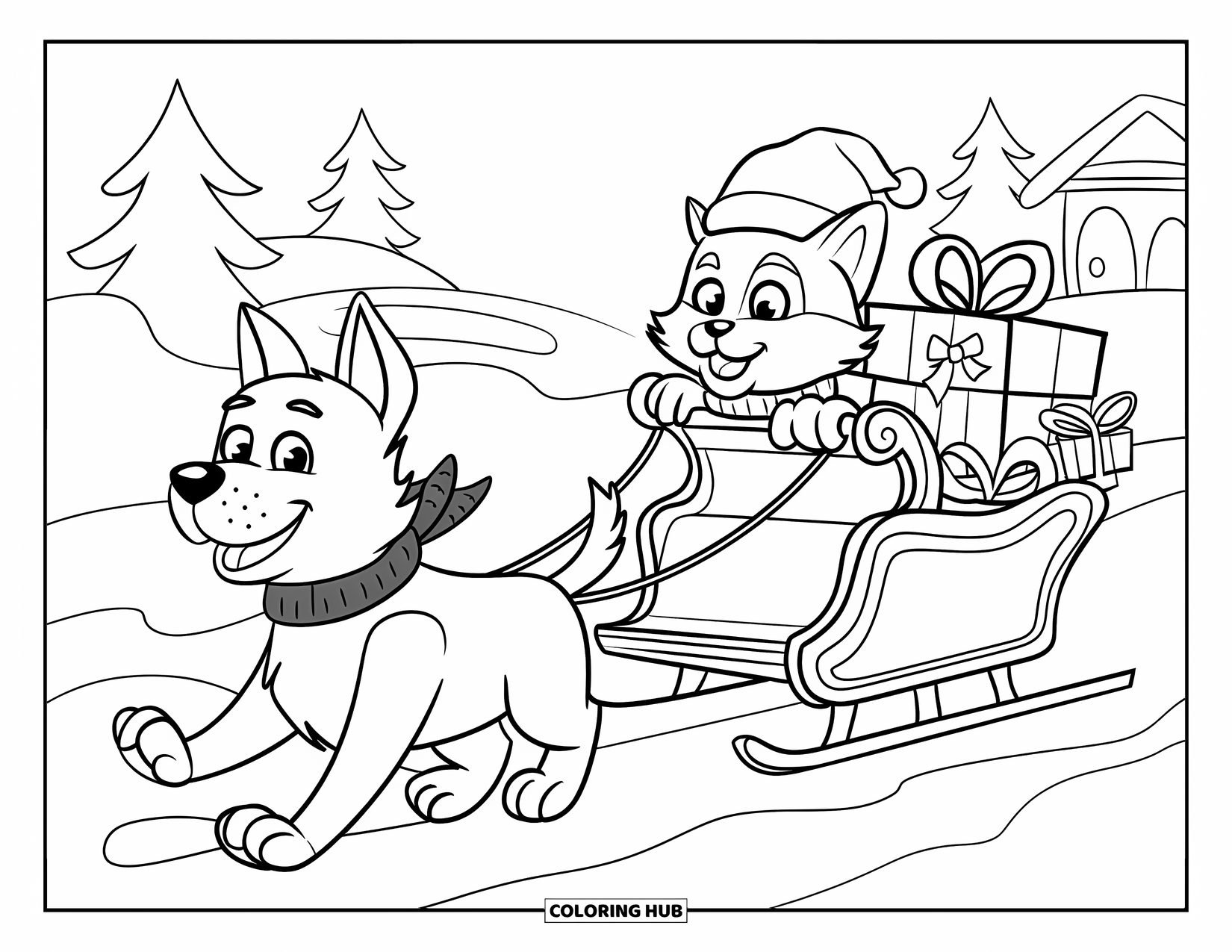 Christmas Animal Coloring Page for Kids: A dog and cat pulling a sleigh filled with presents through snow