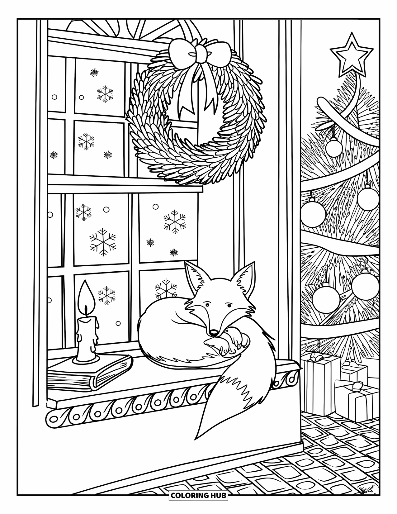 Christmas Animal Coloring Page for Kids: A fox curled up on a window seat beneath a snowy window