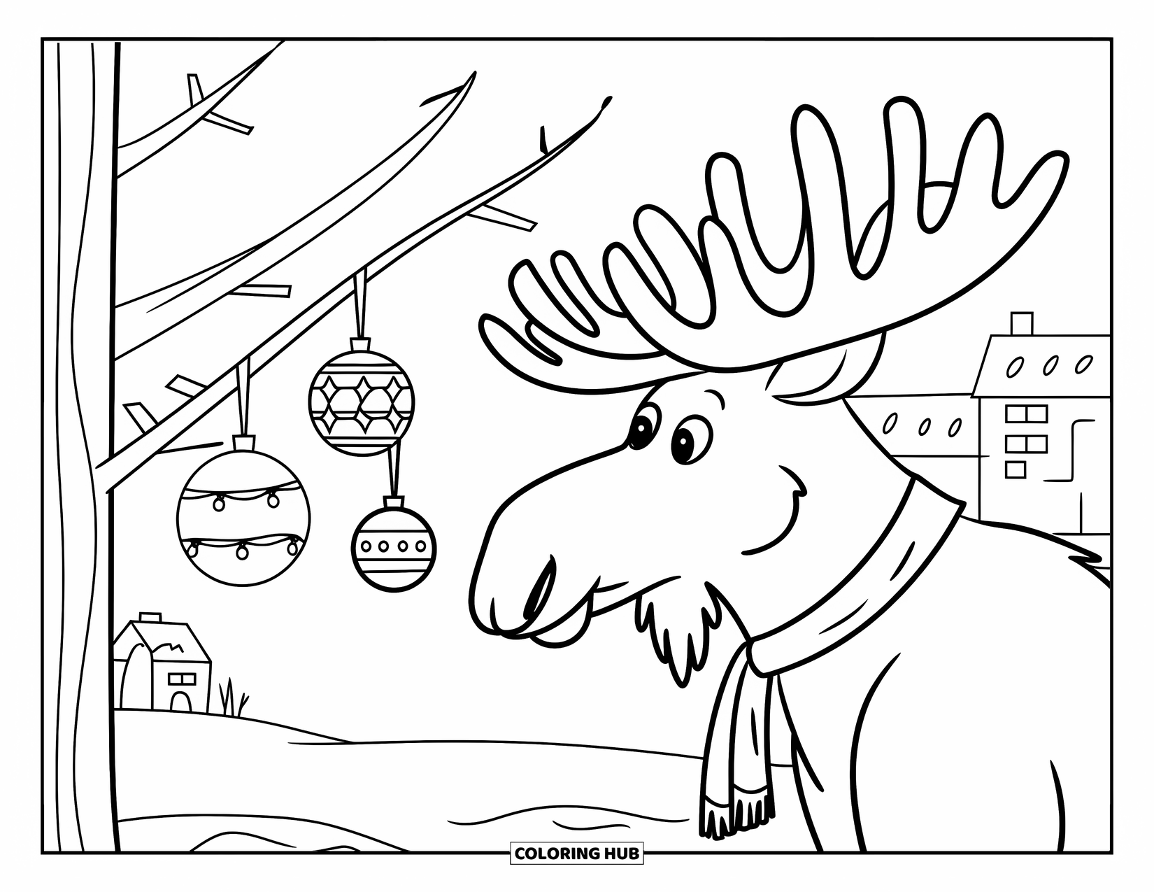 Christmas Animal Coloring Page for Kids: A moose in a red scarf gazing at ornaments on a snowy tree near buildings