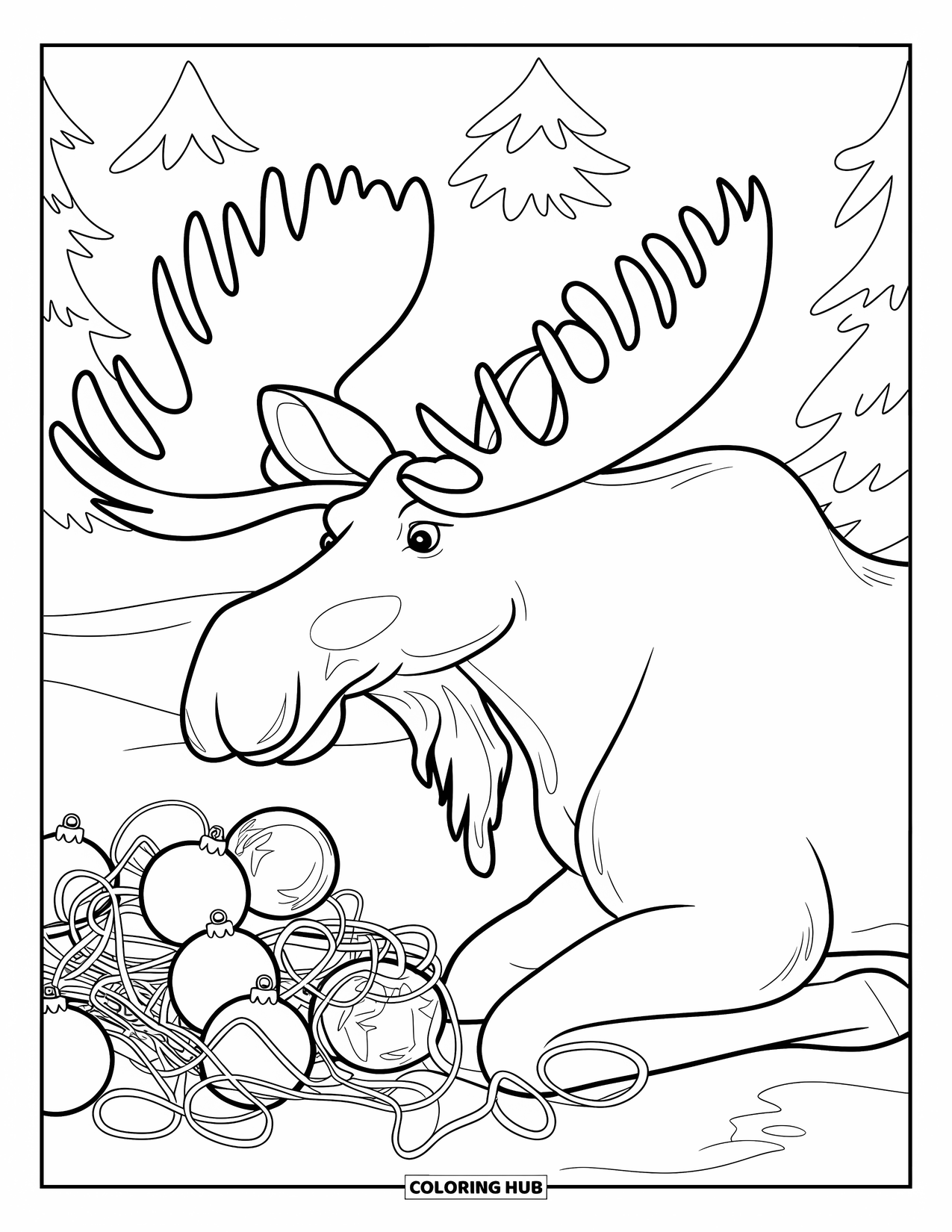 Christmas Animal Coloring Page for Kids: A moose sitting near ornaments and tangled lights in the snowy forest