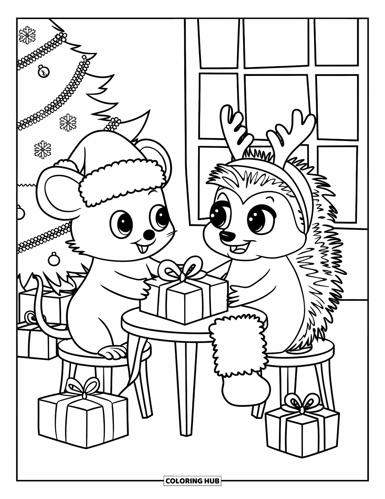 Christmas Animal Coloring Page for Kids: A mouse in a hat and hedgehog in antlers wrapping presents indoors
