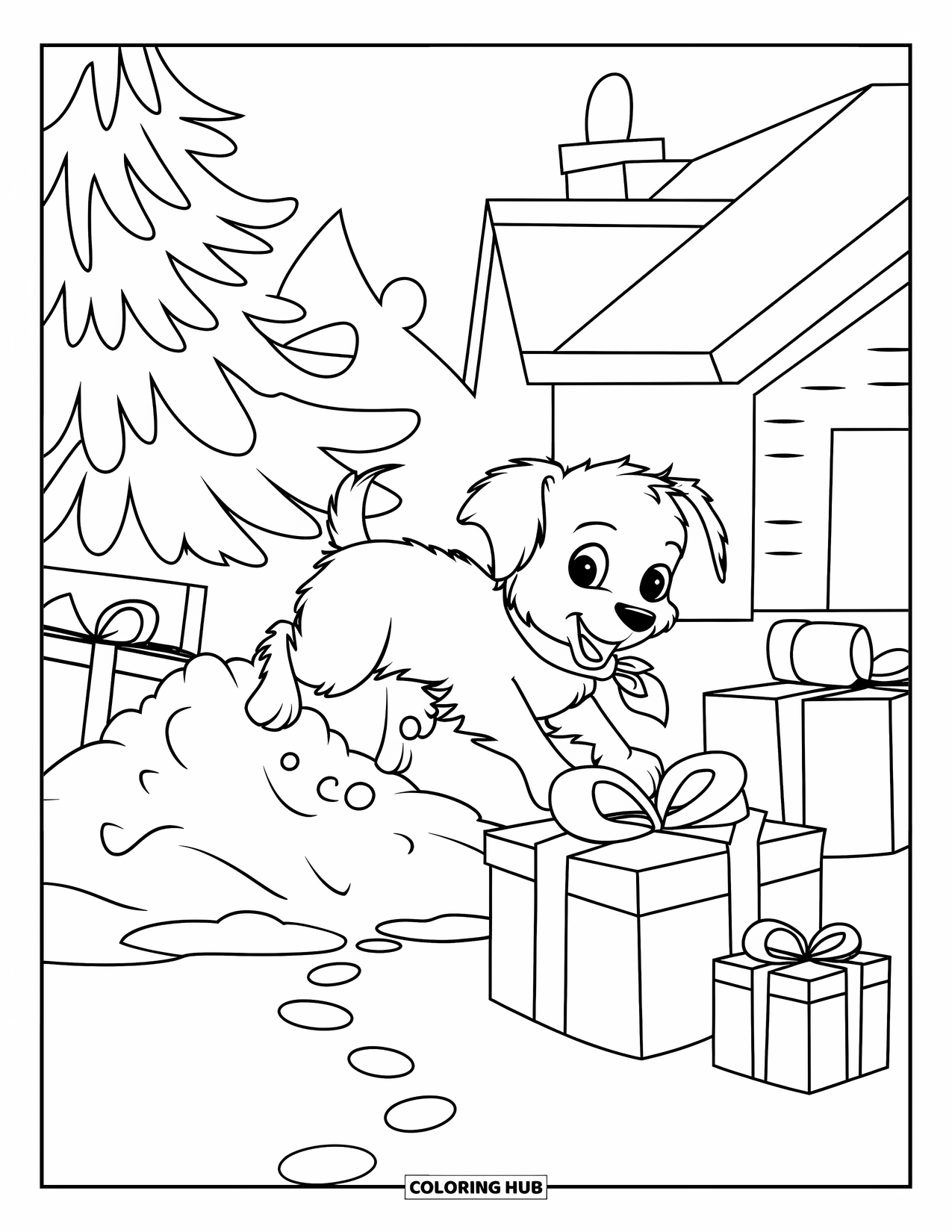 Christmas Animal Coloring Page for Kids: A puppy in a red scarf jumping into snow beside Christmas gifts