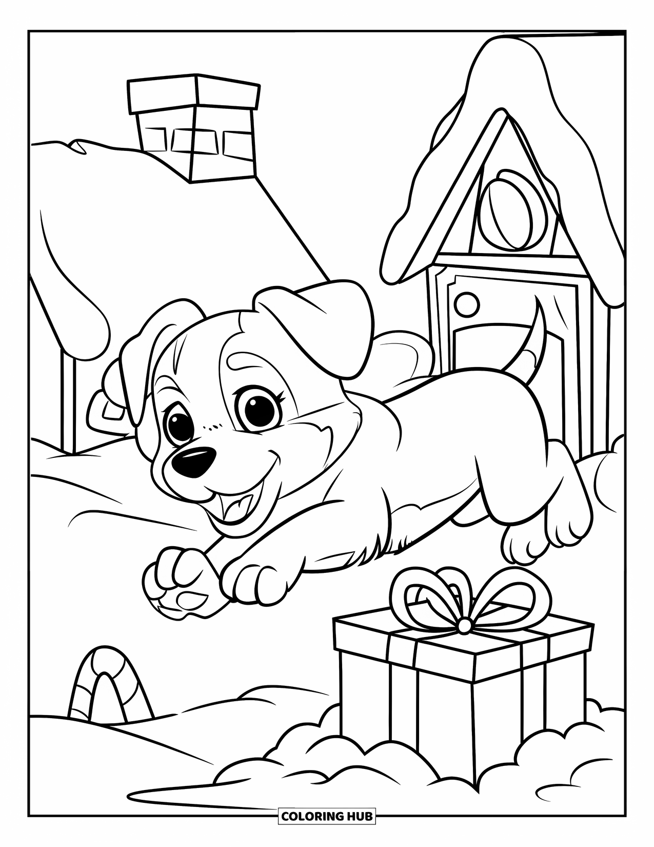 Christmas Animal Coloring Page for Kids: A puppy leaping into snowy piles beside a gift box near a cottage