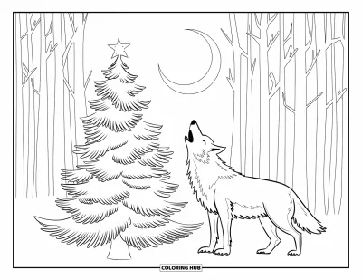 Desen de colorat cu animale de Crăciun pentru copii: Un lup urlând la lună lângă un brad de Crăciun luminos în pădure