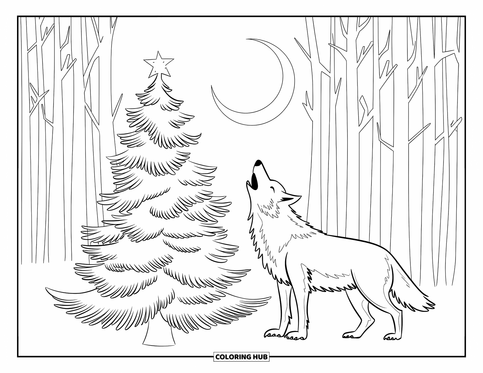 Christmas Animal Coloring Page for Kids: A wolf howling at the moon beside a glowing Christmas tree in the forest