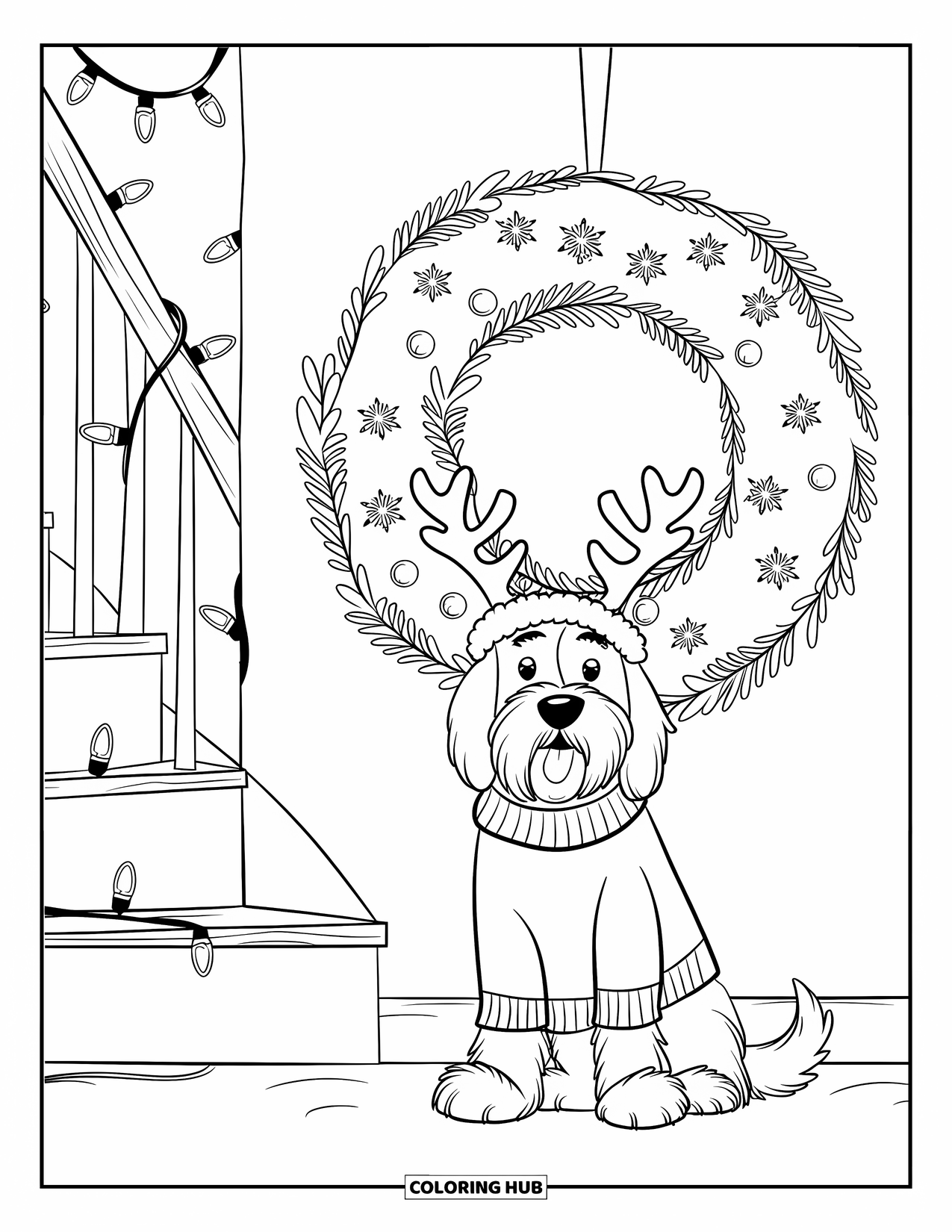 Christmas Animal Coloring Page for Kids: Dog in antlers sits beside a wreath near a staircase