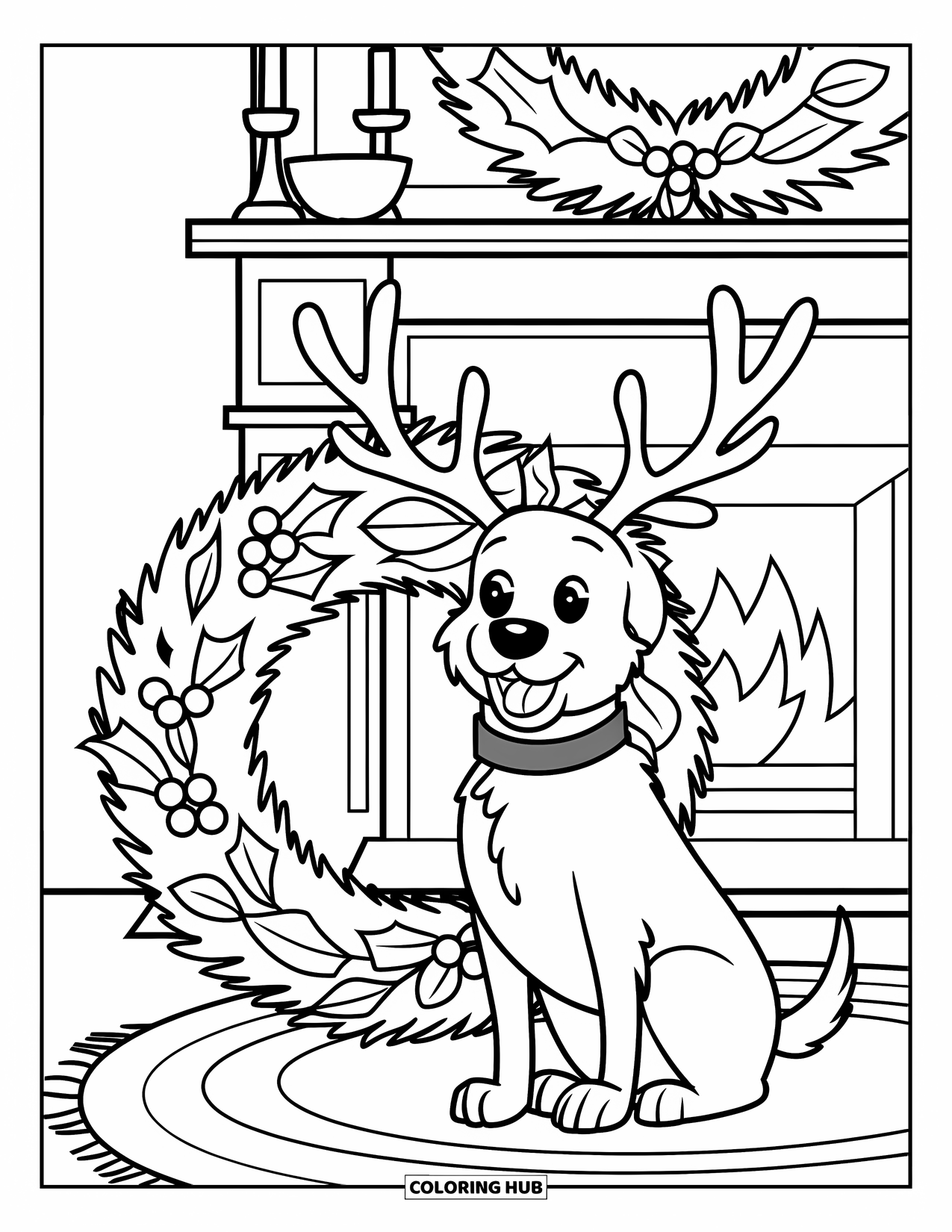 Christmas Animal Coloring Page for Kids: Dog with antlers smiles beside a decorated wreath and glowing fireplace